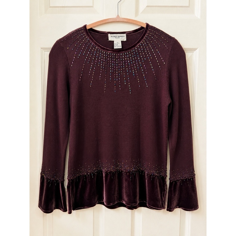 Alfred Dunner Sweater PS Plum Beaded Velvet Trim Long Sleeve Holiday Festive Top